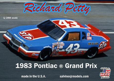 1/25 scale unassembled model kit of the 1983 Pontiac Grand Prix #43, celebrating Richard Petty's NASCAR legacy.