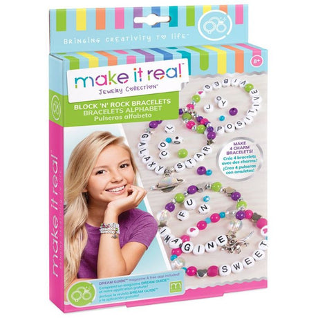 DIY charm bracelet kit for ages 8+, includes 60 alphabet beads, 70 stylish beads, and 2 charms for personalized designs.