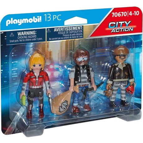 Playmobil Thief Figure Set with two crooks and a female villain, includes crowbar, money bag, and glass cutter accessories.