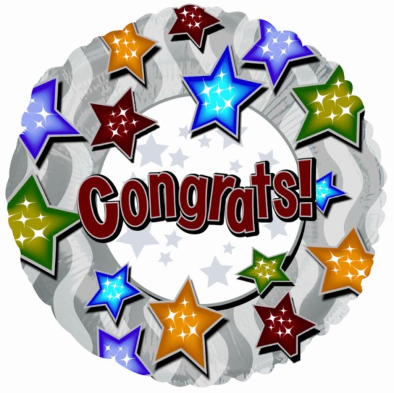 Vibrant 18-inch Congrats Stars Balloon featuring bold colors and star patterns, perfect for celebrating achievements.