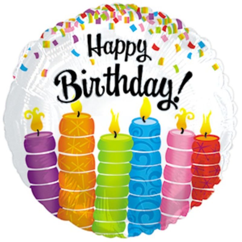 17in Happy Birthday balloon featuring vibrant candle design, ideal for festive celebrations and themed parties.