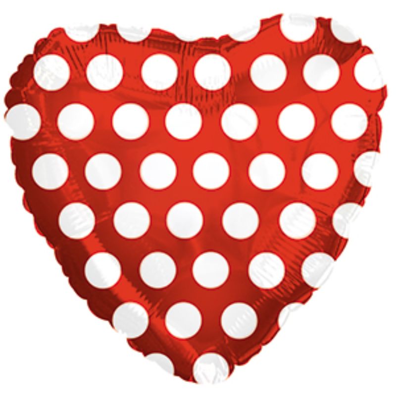 9in red balloon with white polka dots, air-filled, perfect for festive decor and easy display with cup and stick.