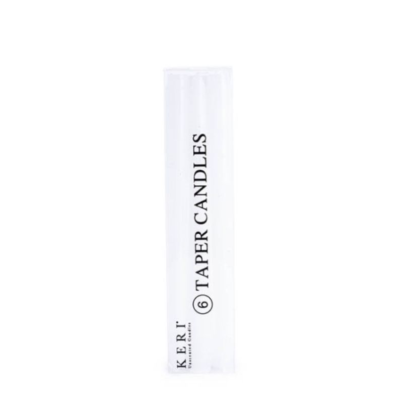 Pack of 6 elegant white taper candles, 25cm tall, perfect for dining tables and special occasions.