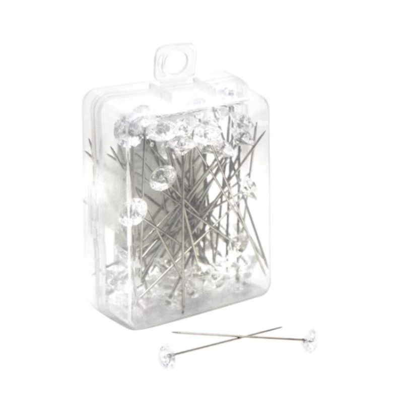 Pack of 100 clear diamond head pins, 6mm x 4cm, ideal for securing flowers and foliage in floral arrangements.