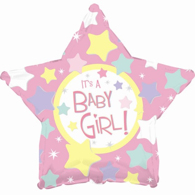 18-inch star balloon with 'It's a Baby Girl' message, perfect for baby showers and gender reveals.