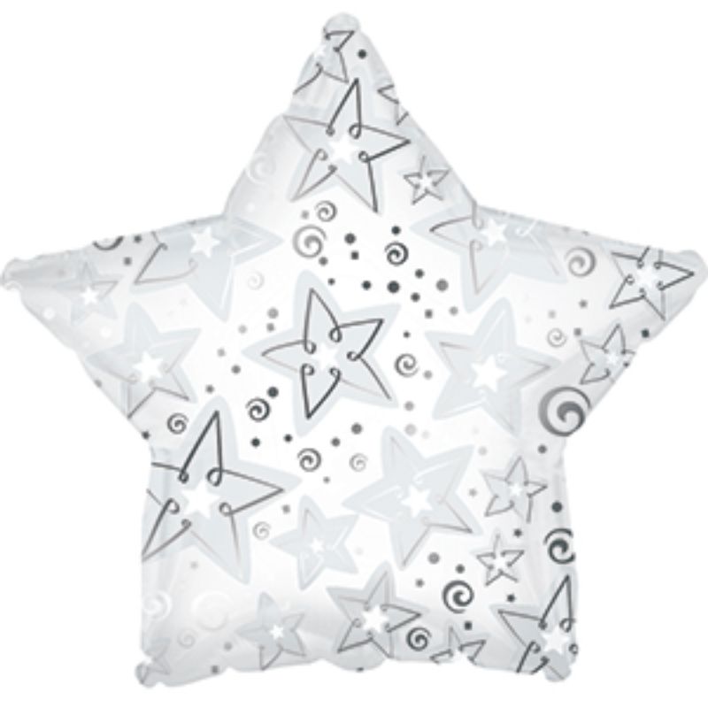 9-inch air-filled silver star balloon, perfect for celebrations, includes cup and stick for easy display.