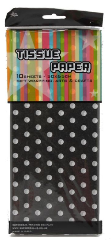 10 sheets of white tissue paper with black dots, perfect for gift wrapping and crafting. Each measures 51 x 66cm.