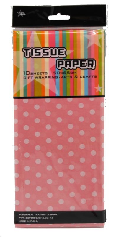 10 sheets of pink tissue paper with white dots, ideal for gift wrapping and party decor.