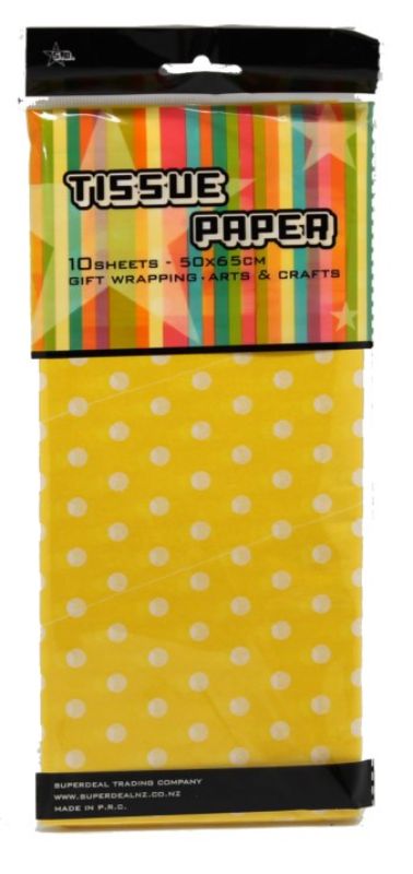 Vibrant 10pc yellow tissue paper with white dots, perfect for gifts, crafts, and party decor, measuring 51 x 66cm.