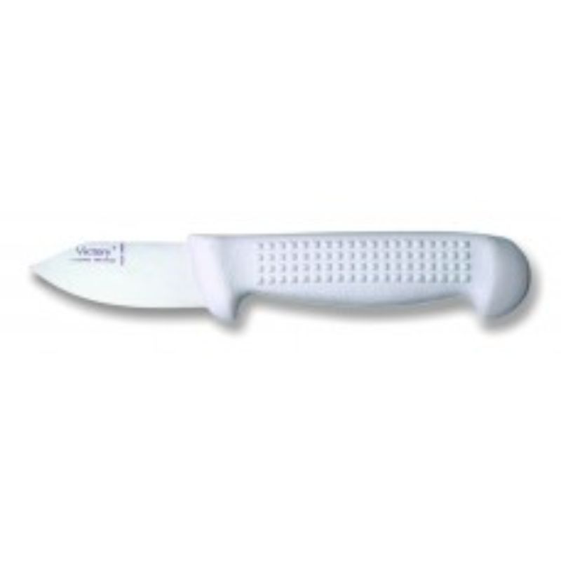 Oyster knife with stainless steel blade and ergonomic plastic handle, perfect for shucking oysters effortlessly.