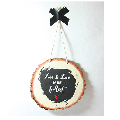 Rustic wood slice wall art with 'Love to the Fullest' message, crafted from eco-friendly pine veneer, ready to hang.