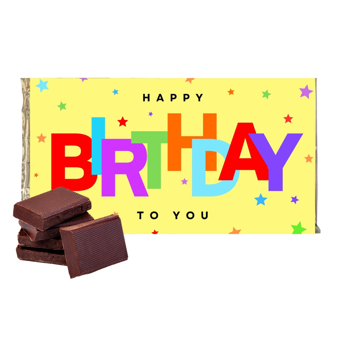 Milk Chocolate Bar with Colourful Happy Birthday Text.