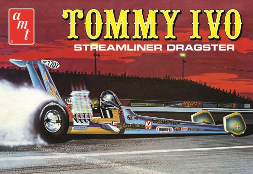 1/25 scale model kit of Tommy Ivo Streamliner Dragster features a detailed supercharged 426 HEMI engine, ideal for experienced modelers.