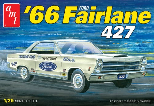 1/25 scale model kit of the 1966 Ford Fairlane 427, featuring a V8 engine, chrome details, and retro packaging.
