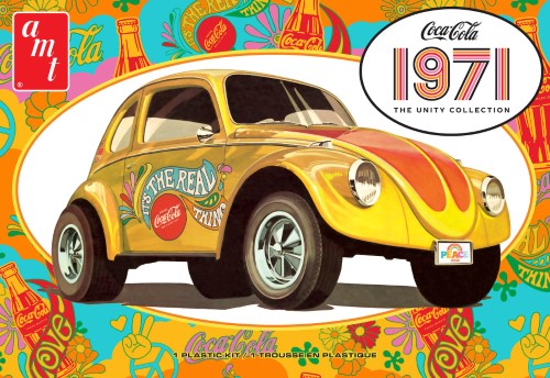 1/25 scale model kit of the 1971 VW Superbug with over 120 parts, colorful graphics, and detailed features for custom builds.