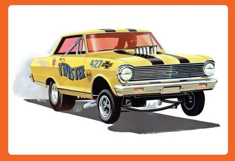 1/25 scale model kit of a '65 Chevy Nova Twister with detailed chrome parts and drag racing features.