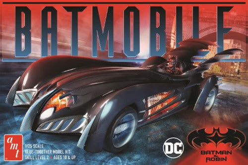 Detailed 1/25 scale model of the iconic Batmobile from Batman & Robin, featuring chrome wheels, tinted windows, and unique fins.