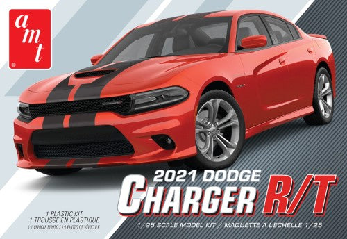 1/25 scale plastic model kit of the 2021 Dodge Charger RT, featuring detailed parts and customization options.
