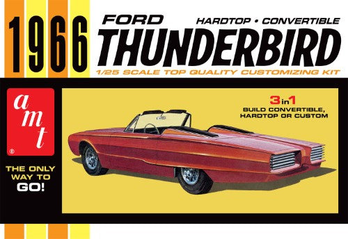 Detailed 1/25 scale model kit of the classic '66 Ford Thunderbird, offering 3-in-1 build options of hardtop, convertible, or custom.