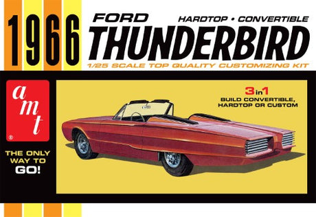 Detailed 1/25 scale model kit of the classic '66 Ford Thunderbird, offering 3-in-1 build options of hardtop, convertible, or custom.