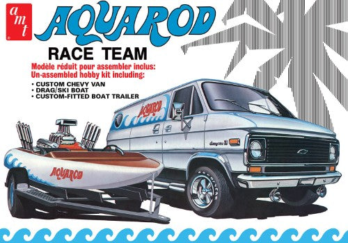 AMT 1/25 Aqua Rod RaceVan kit featuring a 1975 Chevy Van, trailer, and race boat with over 250 detailed parts.