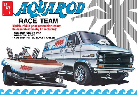 AMT 1/25 Aqua Rod RaceVan kit featuring a 1975 Chevy Van, trailer, and race boat with over 250 detailed parts.