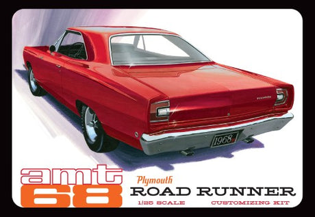 AMT 1/25 scale model kit of the 1968 Plymouth Road Runner, customizable with multiple engine and wheel options.
