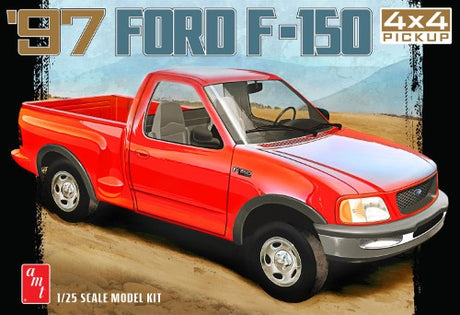 1/25 scale model of a '97 Ford F-150 4x4 Pickup with off-road tires and a roll bar, featuring 127 detailed parts.