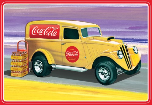 1/25 scale model of a 1933 Willys Panel Truck with Coca-Cola decals, V-8 engine, and detailed interior, ideal for collectors.