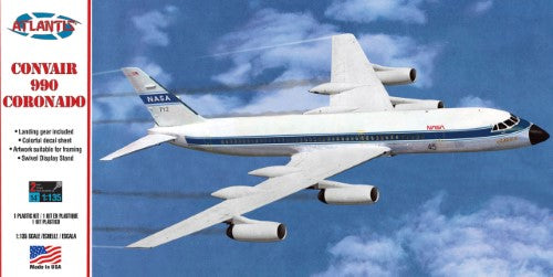 1/135 scale model of the Convair 990, featuring NASA decals and a swivel stand for showcasing aviation history.