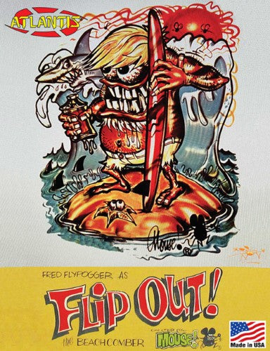 Colorful plastic model of Fred Flypogger, a surfing monster with movable eyes, complete with surfboard and sand pad.