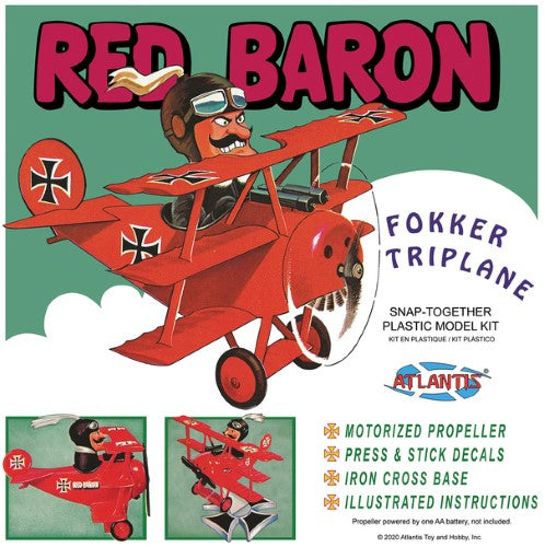 SNAP Red Baron Fokker Triplane model kit in black, red, and white, 28 pieces, motor included, easy snap assembly.