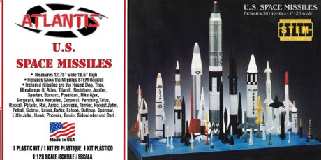 1/128 scale plastic model kit featuring 36 U.S. space missiles, display base, and educational booklet about missile history.