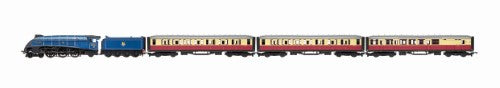 Hornby Mallard RecordBreaker Train Set, showcasing the iconic LNER A4 locomotive with detailed coaches and tracks.