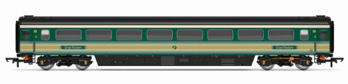 Hornby FGW Mk3 Trailer Standard 41196 model emulating vintage British Railways high-speed coaches in vibrant livery.