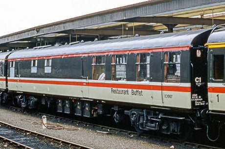 Hornby BR Intercity Mk1 RB model train car featuring buffet layout and detailed interiors, perfect for railway enthusiasts.