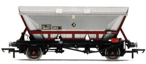 Hornby HFA Hopper model in EWS livery, showcasing intricate detailing and an aerodynamic canopy for coal transport.