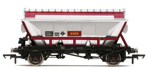 Hornby CDA Hopper model in EWS livery, designed for authentic railway setups, featuring flexible hopper covering.