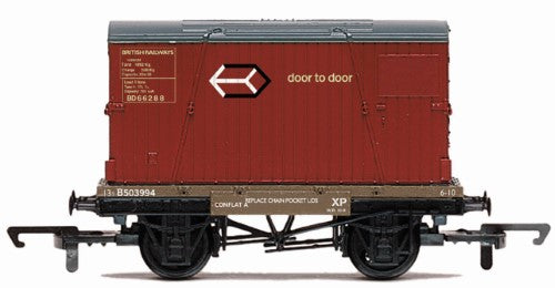 Hornby BR Conflat A model wagon, Era 4, designed to carry type 'B' or two type 'A' containers, showcasing railway heritage.
