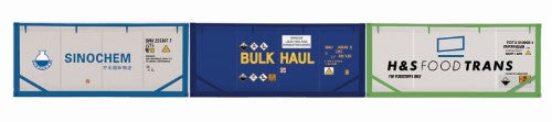 Hornby Sinochem Bulk Haul & H&S Foodtankers: Set of three 20' tank containers for realistic model railway cargo scenarios.