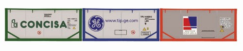 Hornby Concisa TIP & Hoyer Container Pack with 3 detailed 20' tanktainers designed for model railways and intermodal transport.