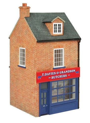 Hornby Butchers Shop model by T. Davies & Gran, detailed resin structure, perfect for adding charm to railway scenes.