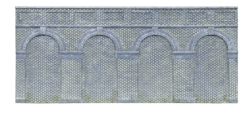 Hornby Mid Level Arched Retaining Wall in Engineers Blue Brick, ideal for enhancing model railway scenes and stability.
