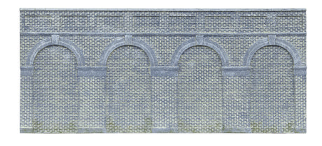 Hornby Mid Level Arched Retaining Wall in Engineers Blue Brick, ideal for enhancing model railway scenes and stability.