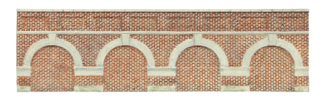 Two detailed red brick Low Level Arch Retaining Walls for model railways, enhancing realism in dioramas and layouts.