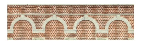 Two detailed red brick Low Level Arch Retaining Walls for model railways, enhancing realism in dioramas and layouts.