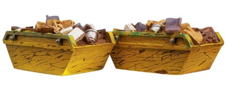 Two detailed Hornby refuse skips designed to enhance model railway layouts with urban realism.