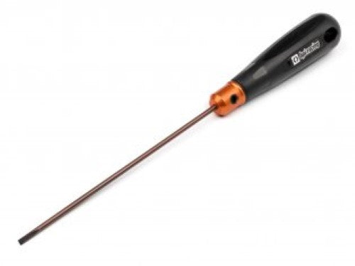 3mm flat blade screwdriver with ergonomic handle, orange accents, and hardened steel tip, ideal for RC enthusiasts.