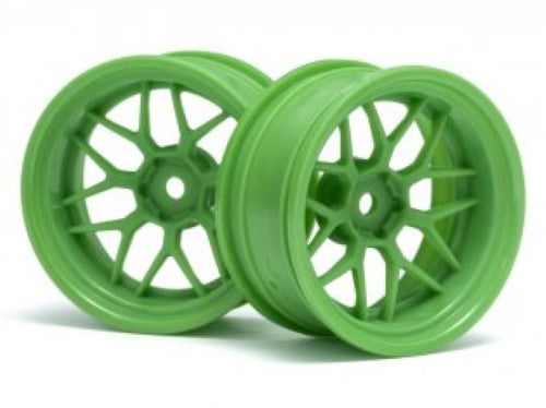 Vibrant green 1/10 scale RC wheels with +9mm offset for improved stability and traction during off-road racing.