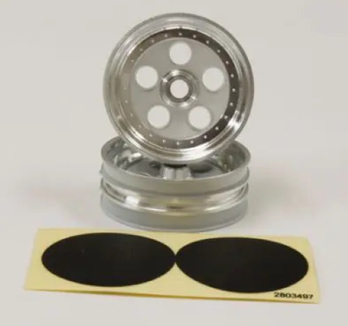 Kyosho Tmhwk FR Rims in Satin Chrome for Tomahawk model, enhancing performance with a sleek, durable finish.